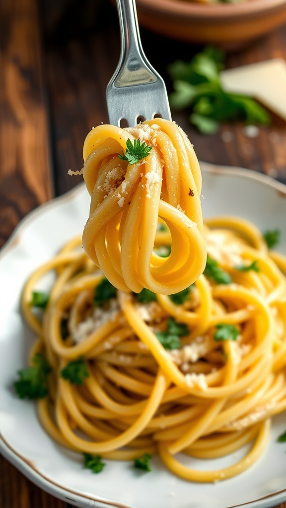 A plate of garlic butter noodles topped with parsley and Parmesan cheese, with a fork resting beside it.